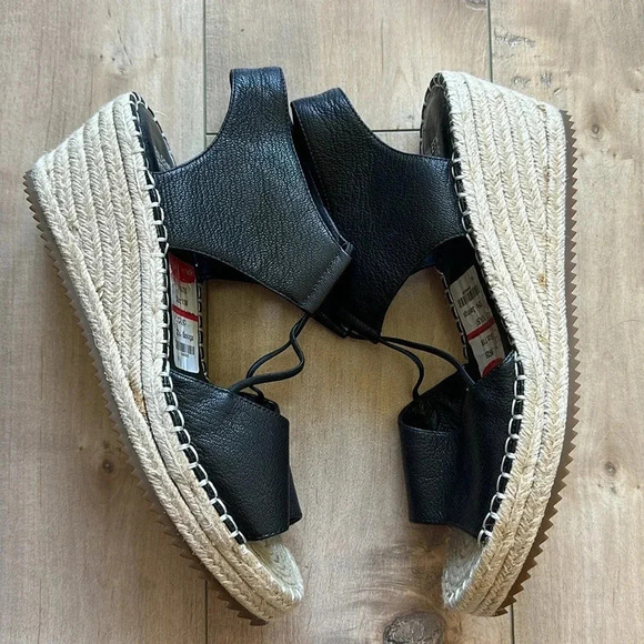NEW Eileen Fisher Black Leather Agnes Espadrille Wedge Sandal Women's Size 11 - Picture 5 of 7